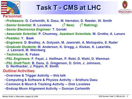 Wesley Smith, U. Wisconsin, August 22, 2006 DOE Review: Task T: CMS at LHC - 1 Task T - CMS at LHC Personnel: Professors: D. Carlsmith, S. Dasu, M. Herndon,