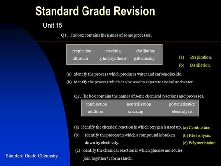 Standard Grade Revision Unit 15 Q1. The box contains the names of some processes. respirationcracking distillation filtration photosynthesis galvanising.