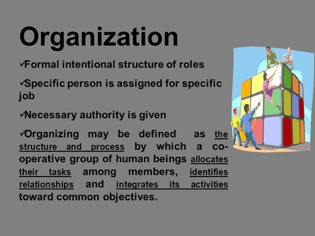 Organization Formal intentional structure of roles Specific person is assigned for specific job Necessary authority is given Organizing may be defined.