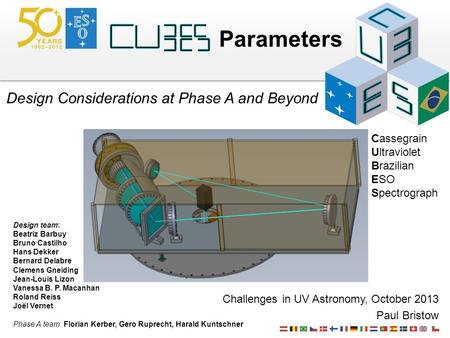 Parameters Challenges in UV Astronomy, October 2013 Paul Bristow Design Considerations at Phase A and Beyond Design team: Beatriz Barbuy Bruno Castilho.