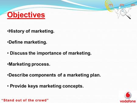 Objectives History of marketing. Define marketing. Discuss the importance of marketing. Marketing process. Describe components of a marketing plan. Provide.