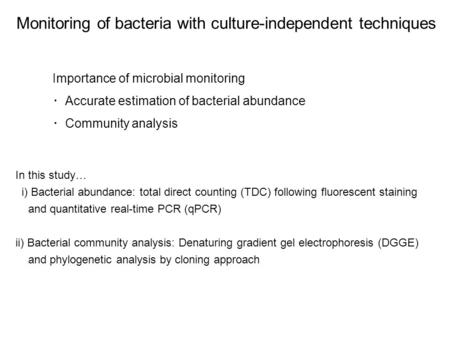 Monitoring of bacteria with culture-independent techniques