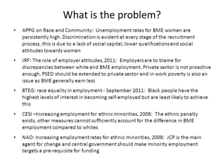 What is the problem? APPG on Race and Community: Unemployment rates for BME women are persistently high. Discrimination is evident at every stage of the.