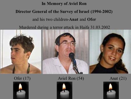 Anat (21) Aviel Ron (54) Ofer (17) In Memory of Aviel Ron Director General of the Survey of Israel (1994-2002) and his two children-Anat and Ofer Murdered.