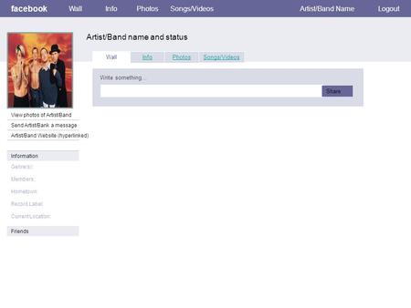 Facebook Artist/Band name and status WallInfoPhotosSongs/VideosArtist/Band NameLogout View photos of Artist/Band Send Artist/Bank a message Artist/Band.
