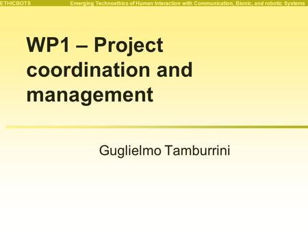 ETHICBOTS Emerging Technoethics of Human Interaction with Communication, Bionic, and robotic Systems WP1 – Project coordination and management Guglielmo.