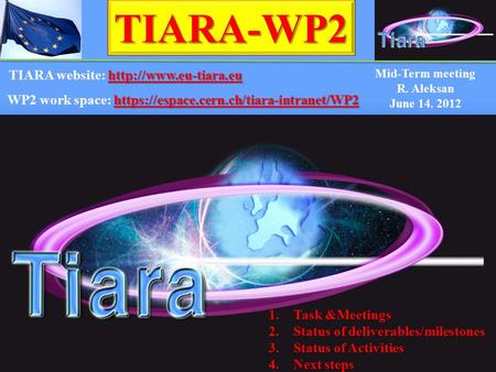 Mid-Term meeting R. Aleksan June 14. 2012 TIARA-WP2 1.Task &Meetings 2.Status of deliverables/milestones 3.Status of Activities 4.Next steps