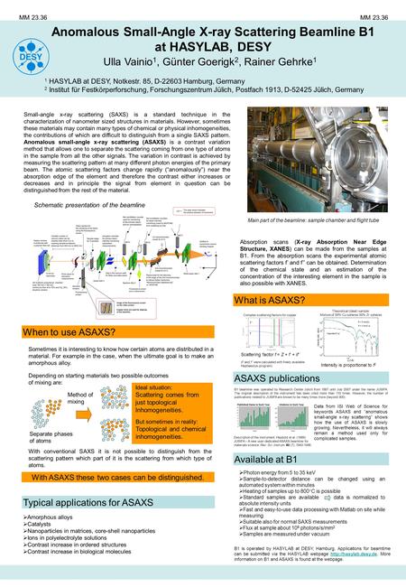 Anomalous Small-Angle X-ray Scattering Beamline B1 at HASYLAB, DESY MM 23.36 Ulla Vainio 1, Günter Goerigk 2, Rainer Gehrke 1 1 HASYLAB at DESY, Notkestr.