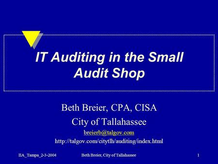 IIA_Tampa_2-3-2004Beth Breier, City of Tallahassee1 IT Auditing in the Small Audit Shop Beth Breier, CPA, CISA City of Tallahassee