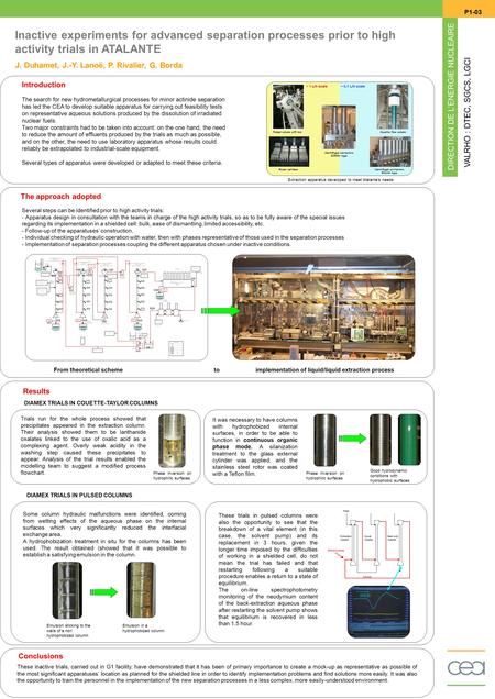 DIRECTION DE L’ENERGIE NUCLEAIRE VALRHO : DTEC, SGCS, LGCI Inactive experiments for advanced separation processes prior to high activity trials in ATALANTE.