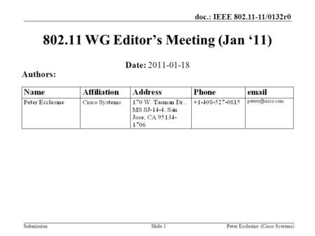 Submission doc.: IEEE 802.11-11/0132r0 Slide 1 802.11 WG Editor’s Meeting (Jan ‘11) Date: 2011-01-18 Authors: Peter Ecclesine (Cisco Systems)