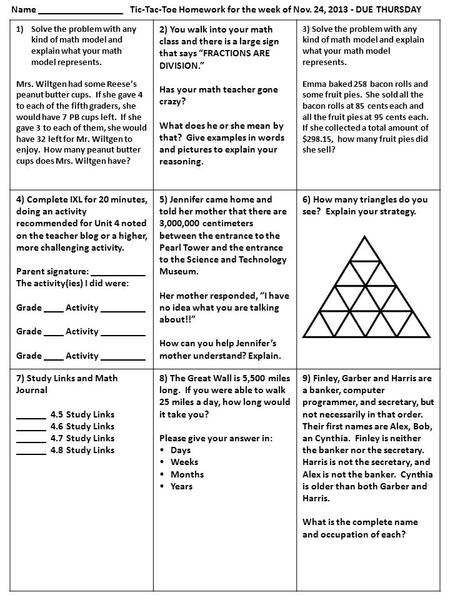 1)Solve the problem with any kind of math model and explain what your math model represents. Mrs. Wiltgen had some Reese’s peanut butter cups. If she gave.