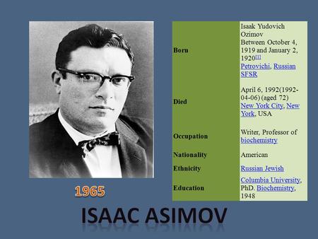 Born Isaak Yudovich Ozimov Between October 4, 1919 and January 2, 1920 [1] Petrovichi, Russian SFSR [1] PetrovichiRussian SFSR Died April 6, 1992(1992-