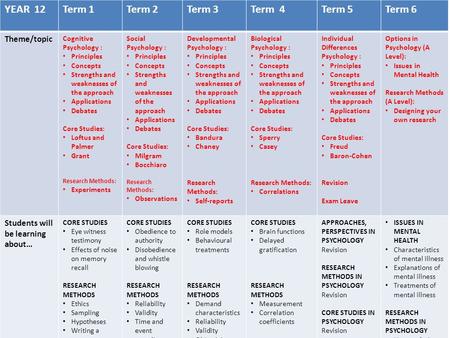 Long term plan for the year YEAR 12Term 1Term 2Term 3Term 4Term 5Term 6 Theme/topic Cognitive Psychology : Principles Concepts Strengths and weaknesses.