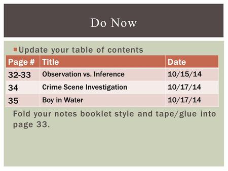  Update your table of contents Fold your notes booklet style and tape/glue into page 33. Do Now Page #TitleDate 32-33 Observation vs. Inference10/15/14.