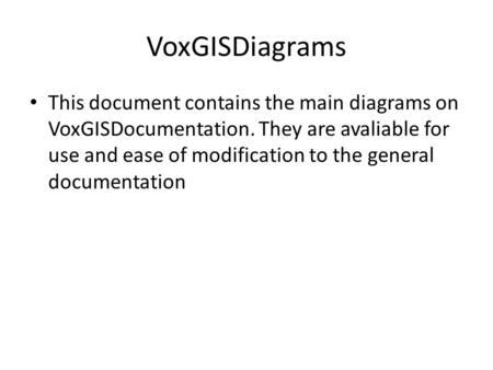 VoxGISDiagrams This document contains the main diagrams on VoxGISDocumentation. They are avaliable for use and ease of modification to the general documentation.