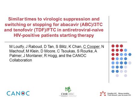 Similar times to virologic suppression and switching or stopping for abacavir (ABC)/3TC and tenofovir (TDF)/FTC in antiretroviral-naive HIV-positive patients.