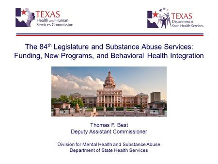 Thomas F. Best Deputy Assistant Commissioner Division for Mental Health and Substance Abuse Department of State Health Services The 84 th Legislature and.