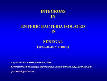 INTEGRONS IN ENTERIC BACTERIA ISOLATED IN SENEGAL ( SUBSAHARAN-AFRICA ) Amy GASSAMA SOW, PharmaD, PhD Laboratoire de Bactériologie Expérimentale, Institut.