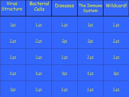 2 pt 3 pt 4 pt 5pt 1 pt 2 pt 3 pt 4 pt 5 pt 1 pt 2pt 3 pt 4pt 5 pt 1pt 2pt 3 pt 4 pt 5 pt 1 pt 2 pt 3 pt 4pt 5 pt 1pt DiseasesWildcard! Virus Structure.