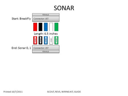 Printed 10/7/2011 SCOUT, REV5, WIRING KIT, GUIDE SONAR Connector: JST Length: 6.5 inches 28AWG Start: BreakFly End: Sonar 0, 1 FEMALE Connector: JST.