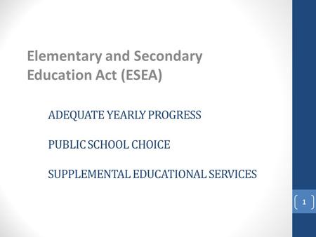 ADEQUATE YEARLY PROGRESS PUBLIC SCHOOL CHOICE SUPPLEMENTAL EDUCATIONAL SERVICES Elementary and Secondary Education Act (ESEA) 1.