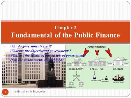 Why do governments exist? What are the objectives of governments? What are the results of our system of government? How are governments constrained? Chapter.