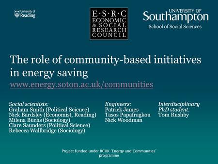 The role of community-based initiatives in energy saving www.energy.soton.ac.uk/communities www.energy.soton.ac.uk/communities Project funded under RCUK.