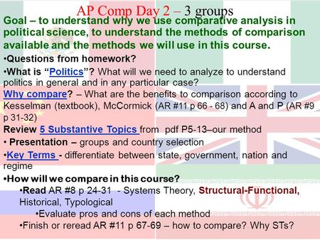 Goal – to understand why we use comparative analysis in political science, to understand the methods of comparison available and the methods we will use.