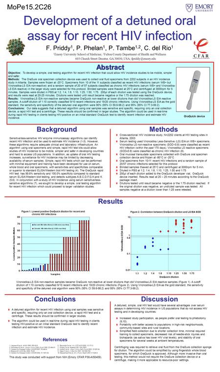 Development of a detuned oral assay for recent HIV infection F. Priddy 1, P. Phelan 1, P. Tambe 1,2, C. del Rio 1 1 Emory University School of Medicine,