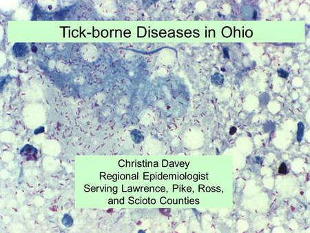 Christina Davey Regional Epidemiologist Serving Lawrence, Pike, Ross, and Scioto Counties Tick-borne Diseases in Ohio.