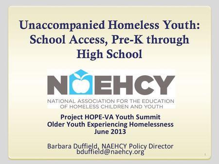 Project HOPE-VA Youth Summit Older Youth Experiencing Homelessness June 2013 Barbara Duffield, NAEHCY Policy Director 1.