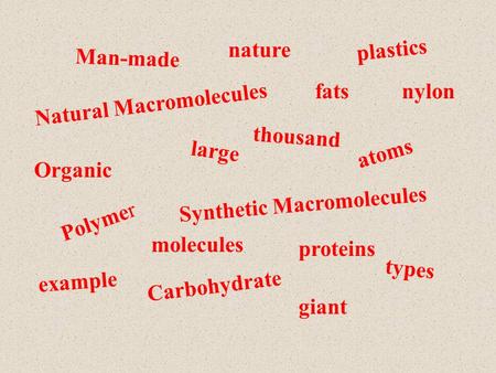 Polymer large molecules atoms Synthetic Macromolecules