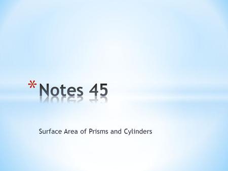 Surface Area of Prisms and Cylinders. Vocabulary Net- the pattern you make if you unfold a three-dimensional figure and lay it out flat. Surface area-