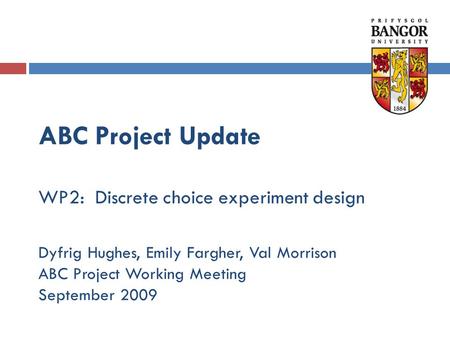 ABC Project Update WP2: Discrete choice experiment design Dyfrig Hughes, Emily Fargher, Val Morrison ABC Project Working Meeting September 2009.