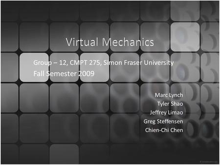 AGENDA Introduction to Virtual Mechanic Demo Architectural diagram and summary QA steps and user acceptance testing Bugs in the software Feedback from.