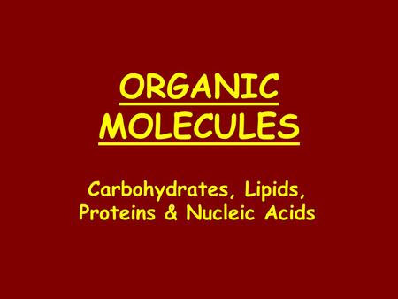 ORGANIC MOLECULES Carbohydrates, Lipids, Proteins & Nucleic Acids.