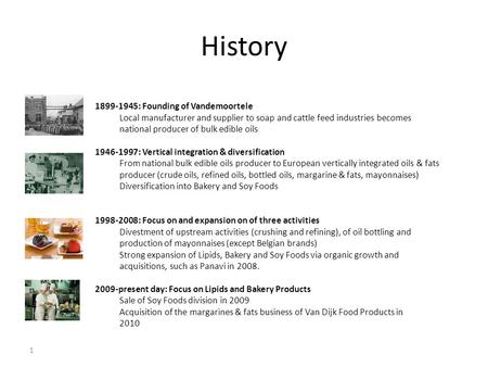 1 History 1899-1945: Founding of Vandemoortele Local manufacturer and supplier to soap and cattle feed industries becomes national producer of bulk edible.