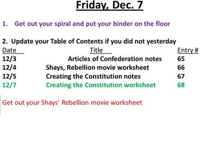 Friday, Dec. 7 1.Get out your spiral and put your binder on the floor 2. Update your Table of Contents if you did not yesterday DateTitleEntry # 12/3Articles.