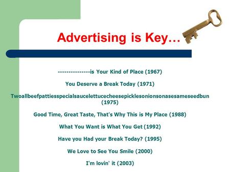 Advertising is Key… ---------------is Your Kind of Place (1967) You Deserve a Break Today (1971) Twoallbeefpattiesspecialsaucelettucecheesepicklesonionsonasesameseedbun.