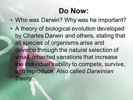 Do Now: Who was Darwin? Why was he important? A theory of biological evolution developed by Charles Darwin and others, stating that all species of organisms.