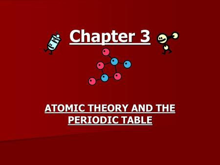 Chapter 3 ATOMIC THEORY AND THE PERIODIC TABLE. Subatomic particle DiscoveriesProperties Electron (e)Thomson, 1887Present in all atoms Extermely light.