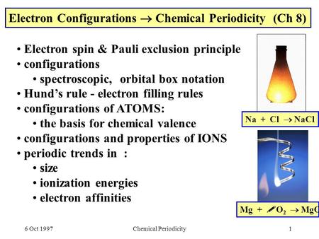 6 Oct 1997Chemical Periodicity1 Electron Configurations  Chemical Periodicity (Ch 8) Electron spin & Pauli exclusion principle configurations spectroscopic,