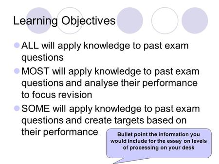 Learning Objectives ALL will apply knowledge to past exam questions MOST will apply knowledge to past exam questions and analyse their performance to focus.