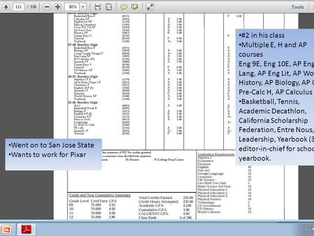 #2 in his class Multiple E, H and AP courses Eng 9E, Eng 10E, AP English Lang, AP Eng Lit, AP World History, AP Biology, AP Gov, Pre-Calc H, AP Calculus.