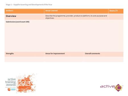 Section 1Areas Covered Score / 5 Overview Describe the programme, provider, product or platform, its core purpose and objectives. Submission (word count.