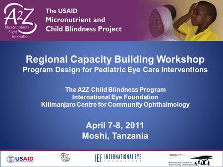 Regional Capacity Building Workshop Program Design for Pediatric Eye Care Interventions The A2Z Child Blindness Program International Eye Foundation Kilimanjaro.