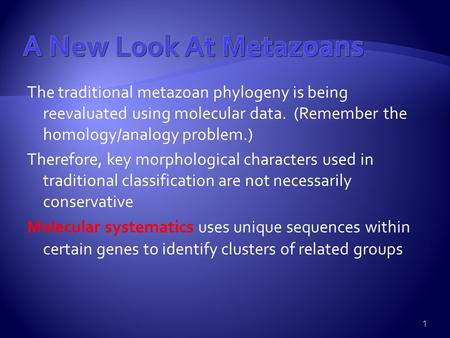 1 The traditional metazoan phylogeny is being reevaluated using molecular data. (Remember the homology/analogy problem.) Therefore, key morphological characters.