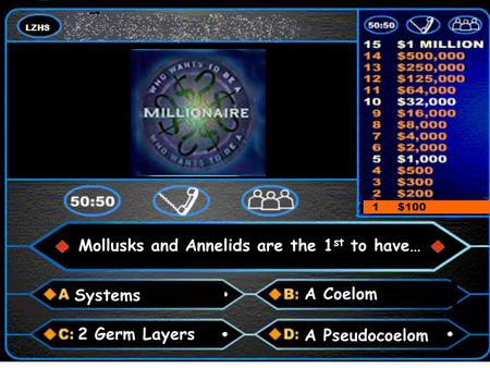 LZHS A number and a colon Answer 1 $100 Mollusks and Annelids are the 1 st to have… Systems A Coelom A Pseudocoelom 2 Germ Layers.