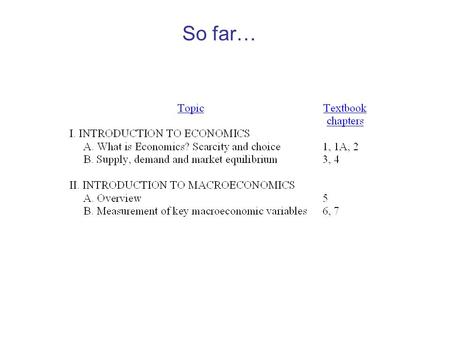 So far…. Big picture of the following units… core of macroeconomic theory.